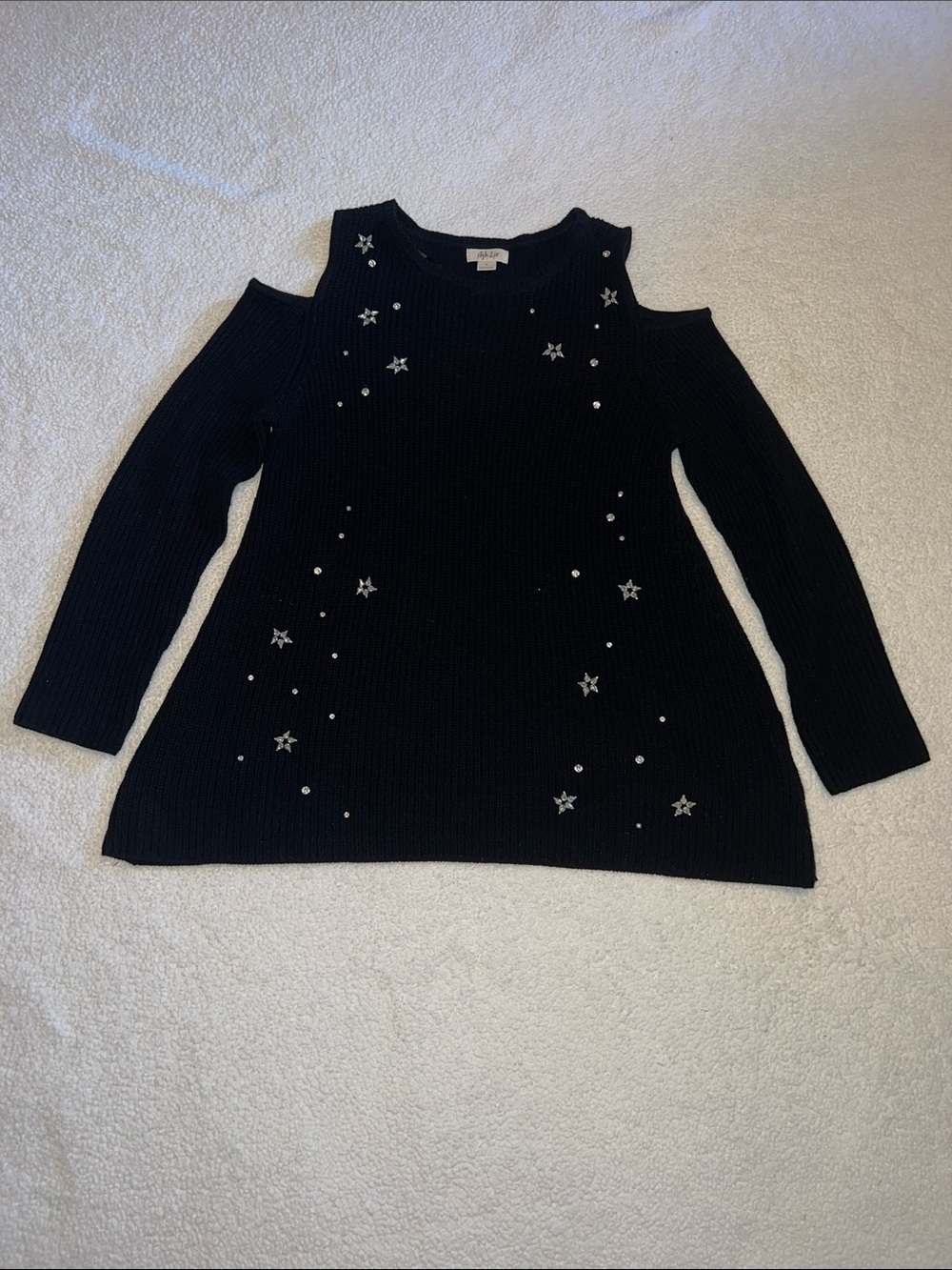 Style & Co. Black Cold-Shoulder Bling Embellished Sweater size L